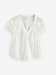 Белый - V-Neck Short Sleeve Lace Blouse - Image 5 of 7