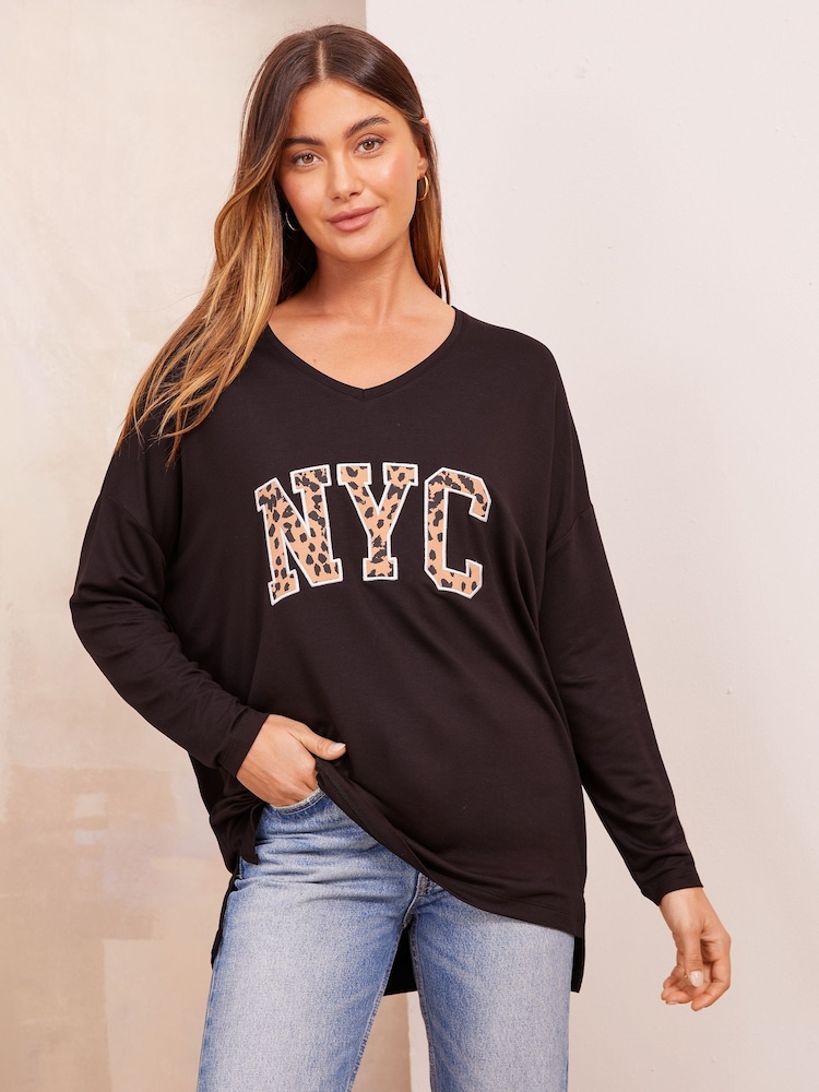Friends Like These Black Animal Soft Jersey V-Neck Long Sleeve Tunic Top - Image 2 of 4