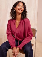 Friends Like These Berry Red Long Sleeve Tie Blouse - Image 1 of 4