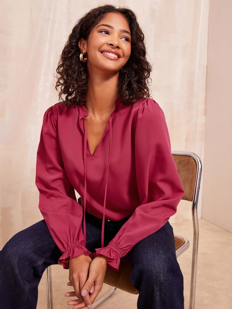Friends Like These Berry Red Long Sleeve Tie Blouse - Image 1 of 4
