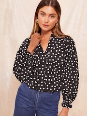 Friends Like These Black & White Long Sleeve Tie Blouse - Image 1 of 4