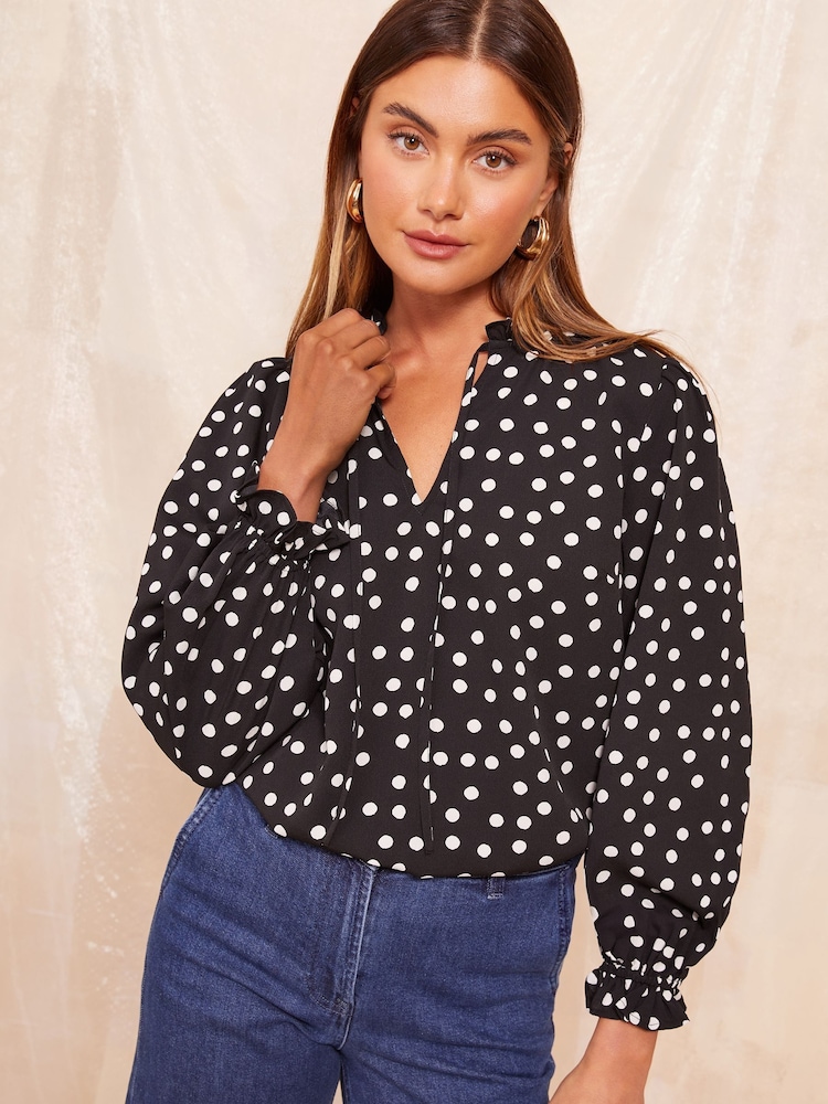 Friends Like These Black & White Long Sleeve Tie Blouse - Image 1 of 4