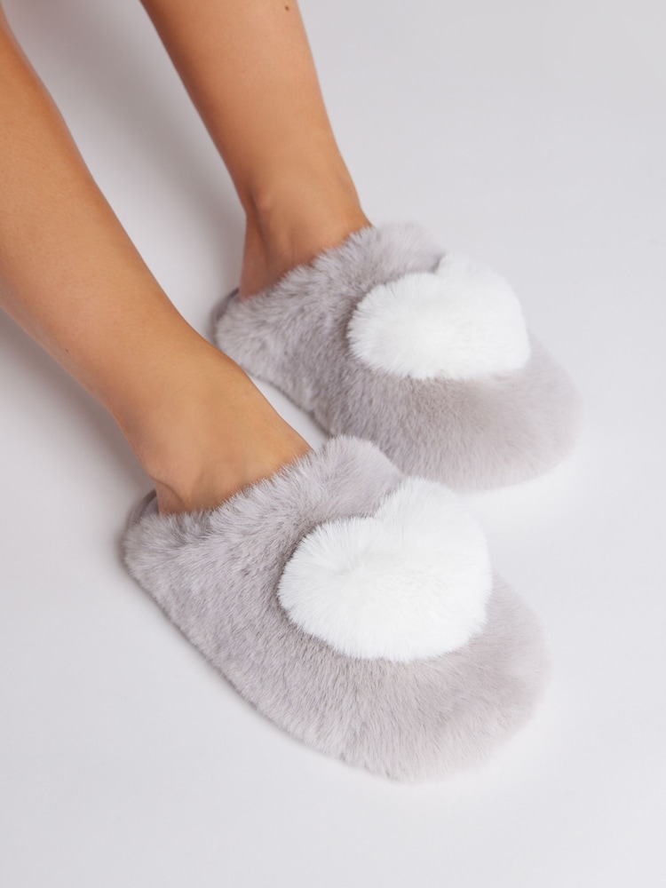 Boux Avenue Grey Heart Mules Slippers - Image 1 of 5 Boux Avenue Grey Heart Mules Slippers - Image 1 of 5
