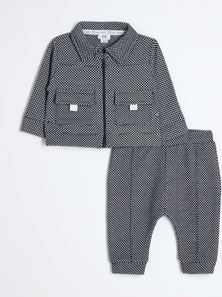 River Island Blue Baby Boys Smart Jacquard 100% Cotton Jacket Set - Image 1 of 5