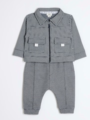 River Island Blue Baby Boys Smart Jacquard 100% Cotton Jacket Set - Image 3 of 5