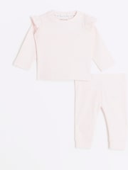 River Island Pink Baby Girls Frill Heart 100% Cotton Rib Top and Leggings Set - Image 1 of 5