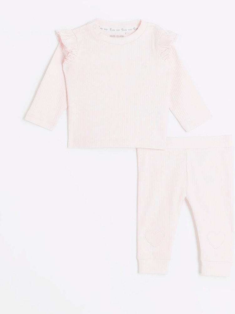 River Island Pink Baby Girls Frill Heart 100% Cotton Rib Top and Leggings Set - Image 1 of 5