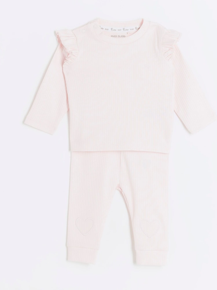 River Island Pink Baby Girls Frill Heart 100% Cotton Rib Top and Leggings Set - Image 2 of 5