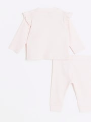River Island Pink Baby Girls Frill Heart 100% Cotton Rib Top and Leggings Set - Image 3 of 5