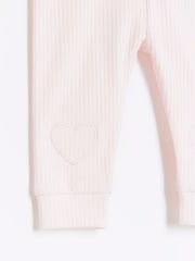 River Island Pink Baby Girls Frill Heart 100% Cotton Rib Top and Leggings Set - Image 4 of 5