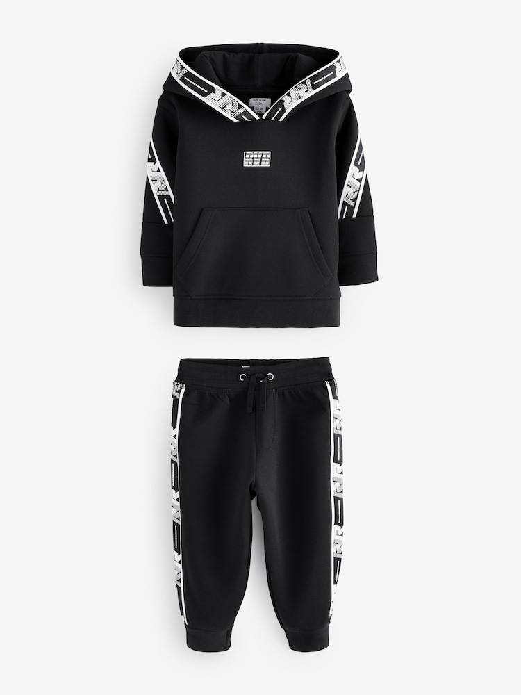 River Island Black Wide Fit Mini and Older Boys Sporty Hoodie And Joggers Set - Image 1 of 6