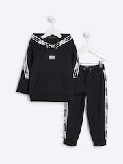 River Island Black Wide Fit Mini and Older Boys Sporty Hoodie And Joggers Set - Image 2 of 6