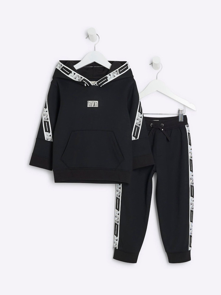 River Island Black Wide Fit Mini and Older Boys Sporty Hoodie And Joggers Set - Image 2 of 6