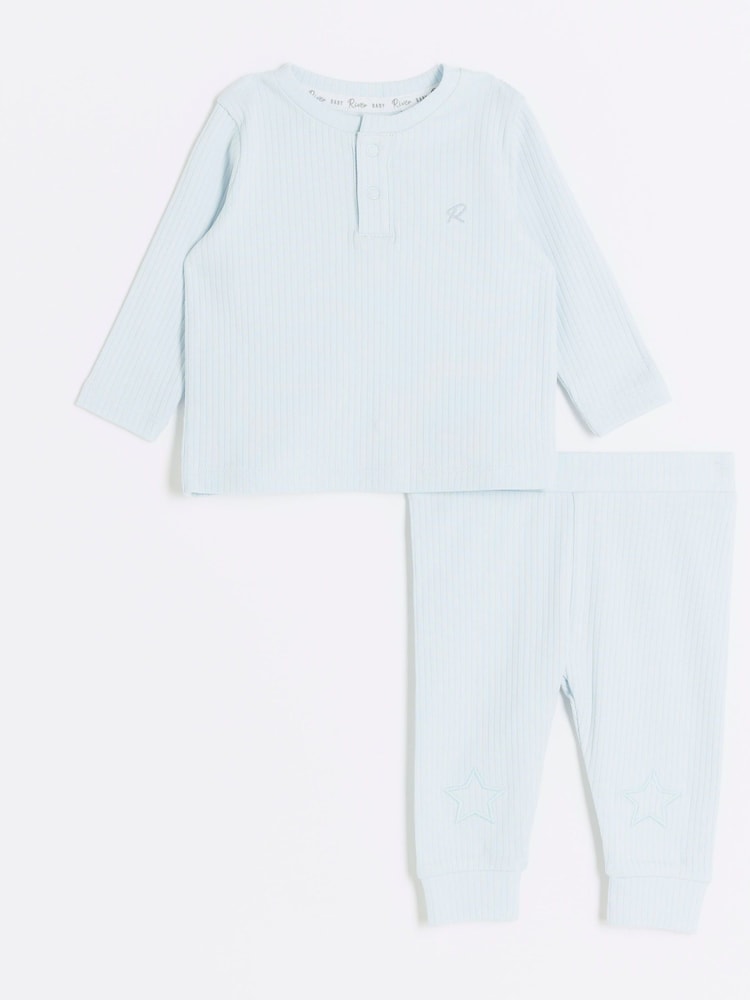 River Island Blue Baby Boys Grandad Rib Top and Leggings Set - Image 1 of 5