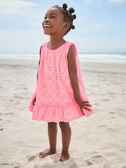 Fluro Pink Sleeveless Broderie Summer Dress (3mths-8yrs) - Image 1 of 3