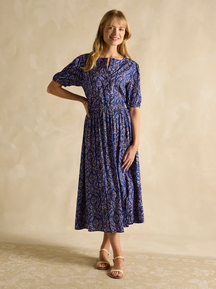 Joules Adele Blue Crew Neck Elbow Length Sleeve Midi Dress - Image 3 of 6