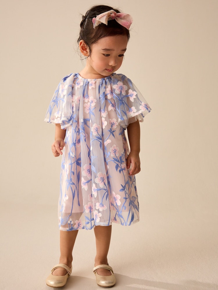 Pink/Blue Embroidered Mesh Dress (3mths-8yrs) - Image 2 of 4