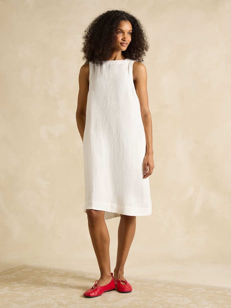 Joules Delphine White Shift Dress With Linen - Image 4 of 7