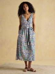 Eliza Blue Linen Wrap Midi Dress - Image 5 of 8