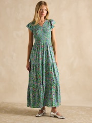 Joules Esme Green Shirred Midi Dress - Image 1 of 6