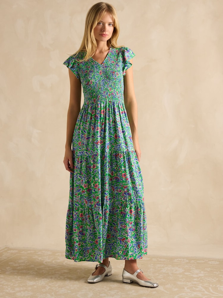 Joules Esme Green Shirred Midi Dress - Image 1 of 6