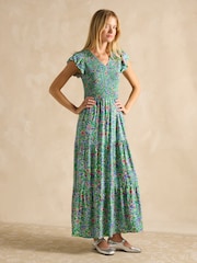 Joules Esme Green Shirred Midi Dress - Image 5 of 6