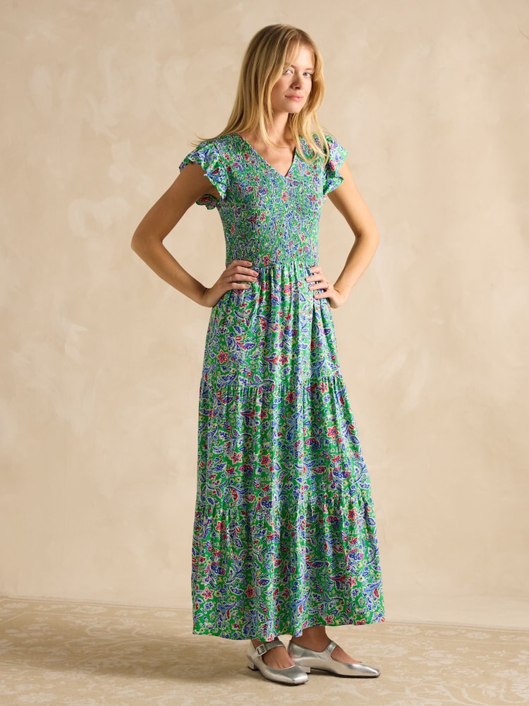 Joules Esme Green Shirred Midi Dress - Image 5 of 6