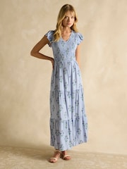 Joules Esme Blue Shirred Midi Dress - Image 1 of 6