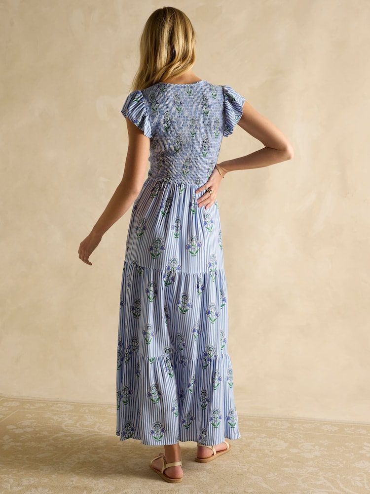 Joules Esme Blue Shirred Midi Dress - Image 2 of 6