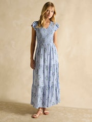 Joules Esme Blue Shirred Midi Dress - Image 4 of 6