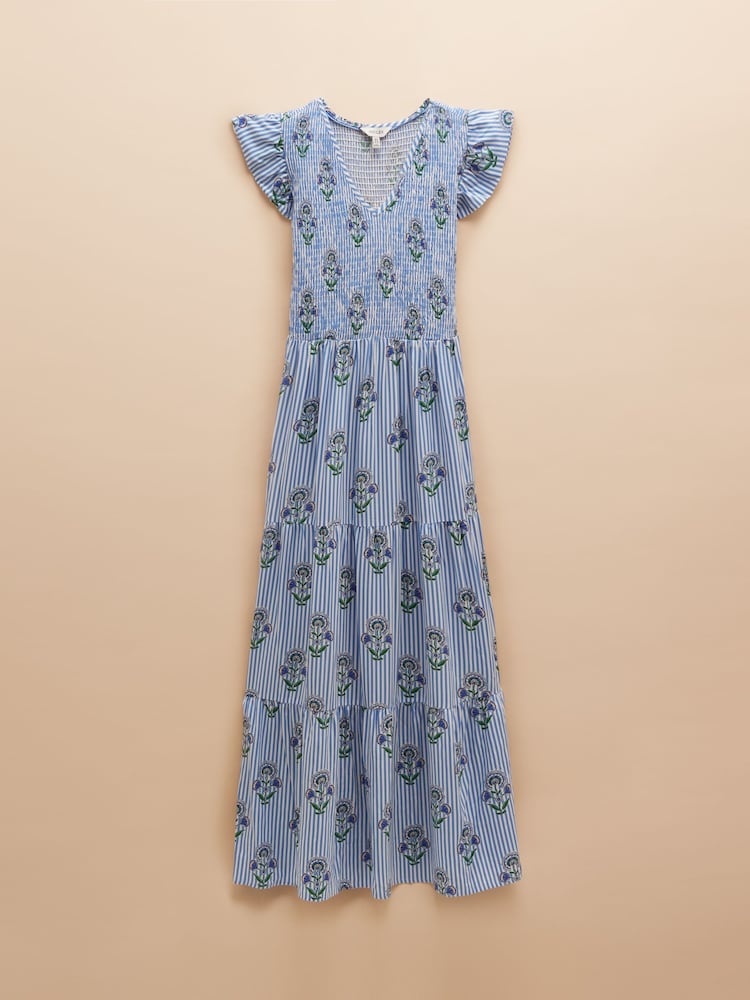 Joules Esme Blue Shirred Midi Dress - Image 6 of 6