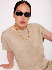 Mint Velvet Gold Woven Mix Metallic Dress - Image 3 of 8