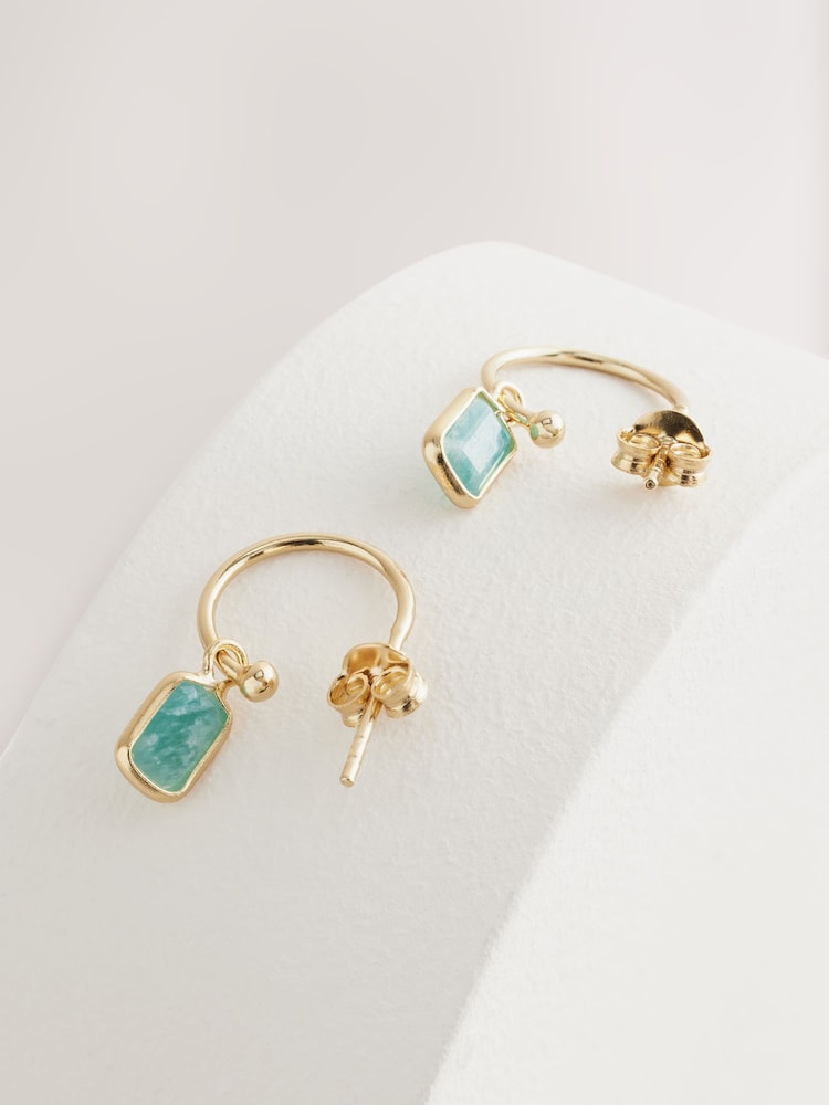 Sterling Silver Gold Plated Green Charm Hoop Earrings - Image 2 of 3 Sterling Silver Gold Plated Green Charm Hoop Earrings - Image 2 of 3
