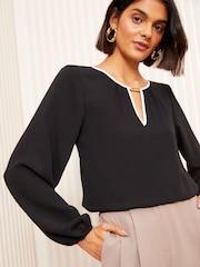 Friends Like These Black Long Sleeve Tipped Trim Blouse - Image 1 of 4