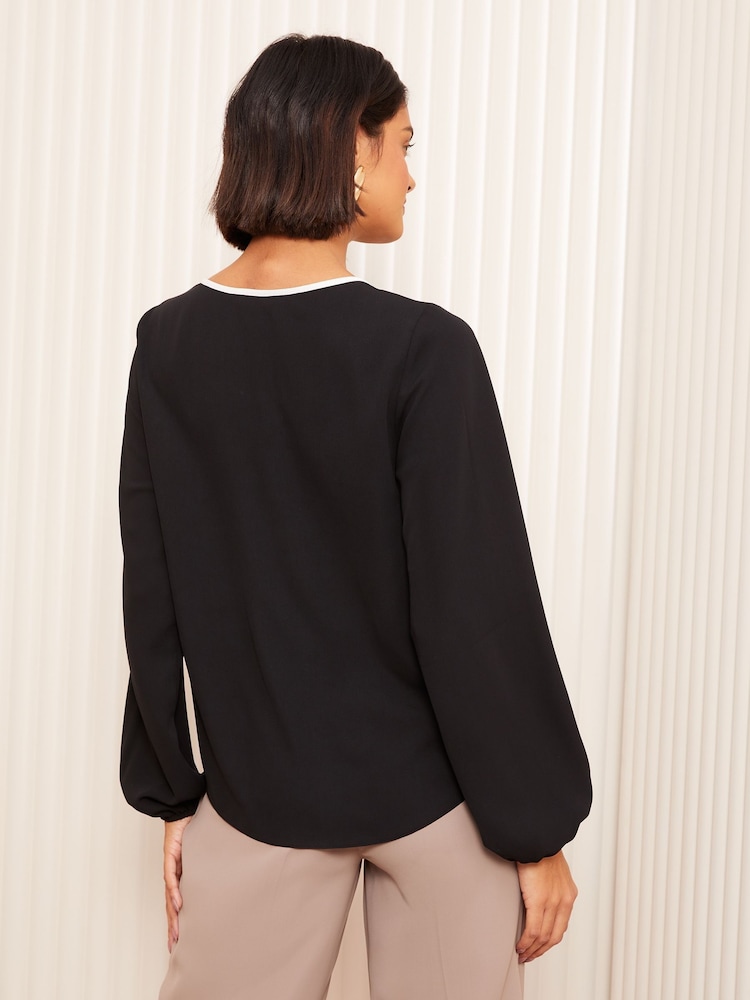Friends Like These Black Long Sleeve Tipped Trim Blouse - Image 4 of 4