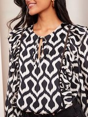 Friends Like These Navy Ikat Long Sleeve Ruffle Trim Tie Front Blouse - Image 3 of 4