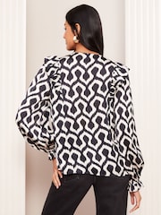 Friends Like These Navy Ikat Long Sleeve Ruffle Trim Tie Front Blouse - Image 4 of 4