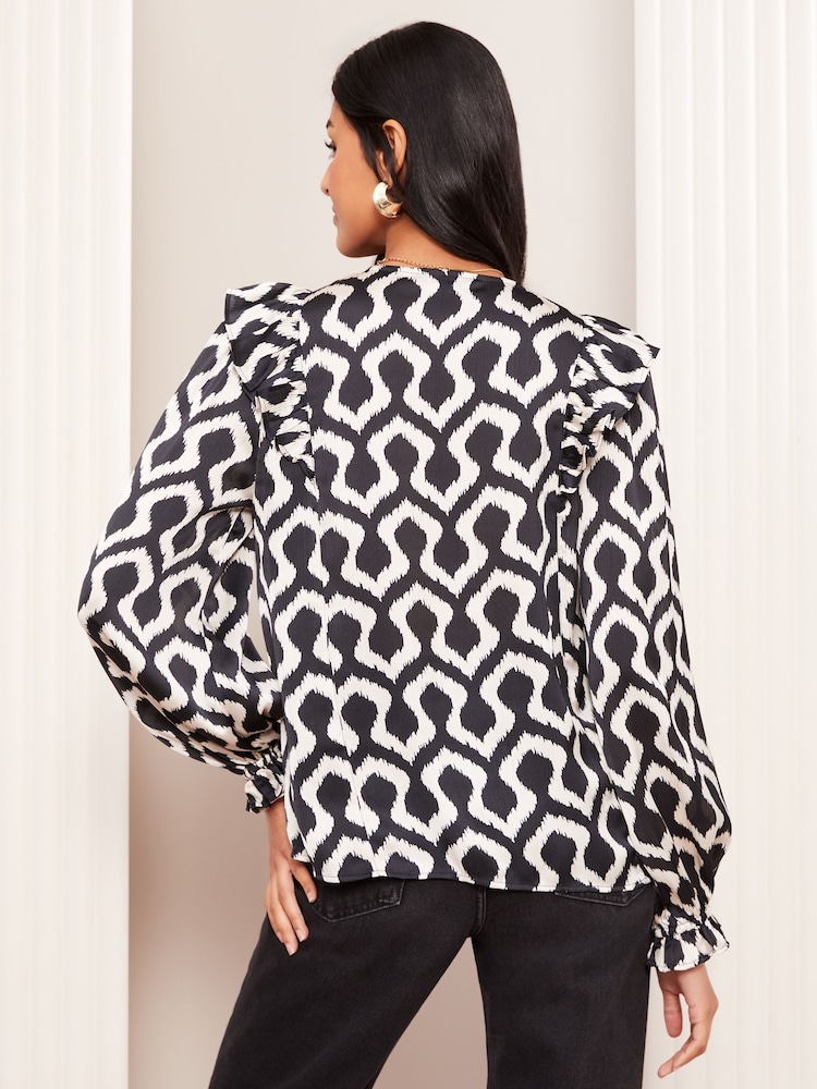 Friends Like These Navy Ikat Long Sleeve Ruffle Trim Tie Front Blouse - Image 4 of 4