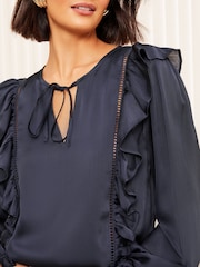 Friends Like These Navy Long Sleeve Ruffle Trim Tie Front Blouse - Image 2 of 4