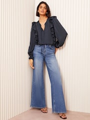 Friends Like These Navy Long Sleeve Ruffle Trim Tie Front Blouse - Image 3 of 4