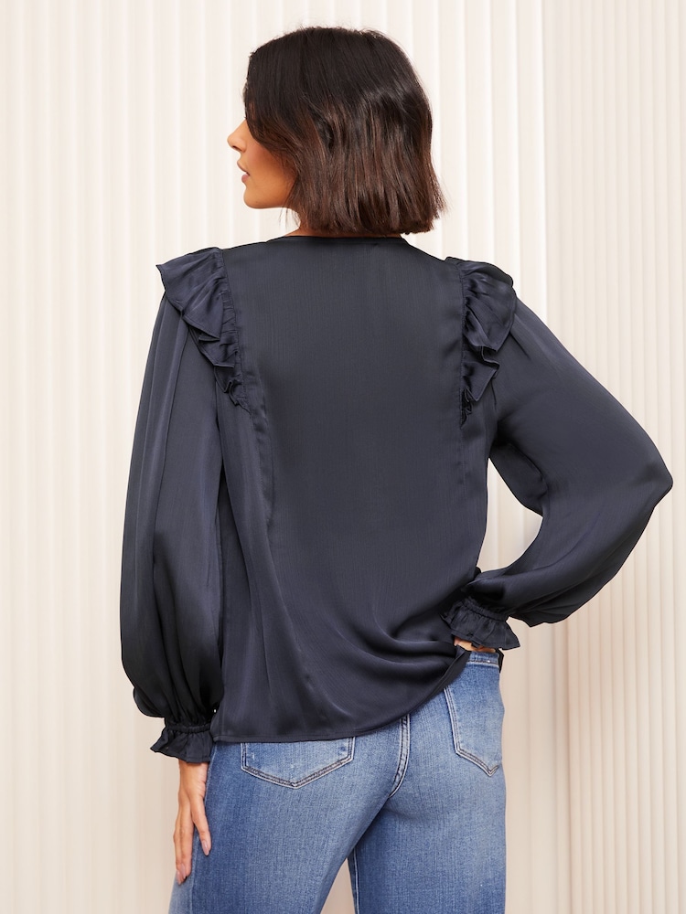 Friends Like These Navy Long Sleeve Ruffle Trim Tie Front Blouse - Image 4 of 4