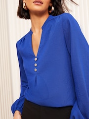Friends Like These Blue Long Sleeve Button Notch Neck Blouse - Image 4 of 4