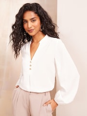 Friends Like These Ivory Long Sleeve Button Notch Neck Blouse - Image 1 of 4