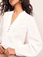 Friends Like These Ivory Long Sleeve Button Notch Neck Blouse - Image 2 of 4
