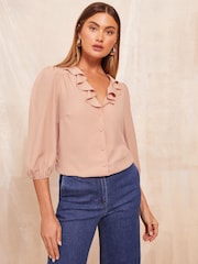 Friends Like These Blush Pink 3/4 Sleeve Ruffle Button Blouse - Image 1 of 4