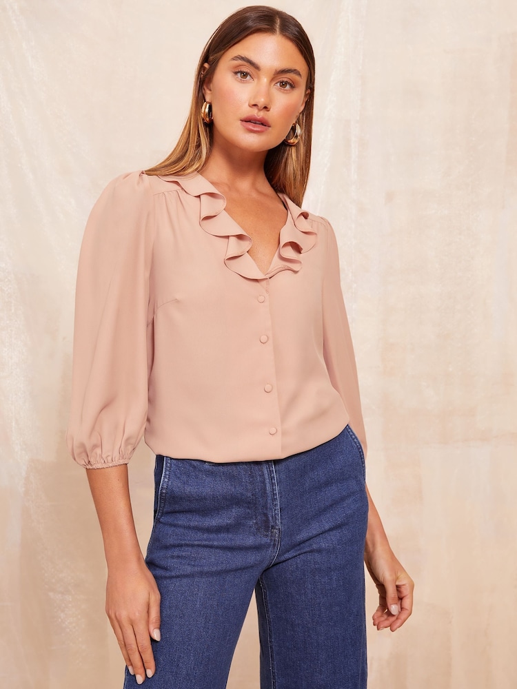 Friends Like These Blush Pink 3/4 Sleeve Ruffle Button Blouse - Image 1 of 4