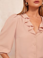 Friends Like These Blush Pink 3/4 Sleeve Ruffle Button Blouse - Image 4 of 4