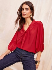 Friends Like These Red V-Neck Bow Front 3/4 Sleeve Blouse - Image 1 of 4