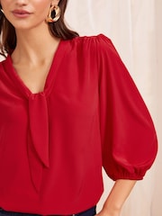 Friends Like These Red V-Neck Bow Front 3/4 Sleeve Blouse - Image 3 of 4