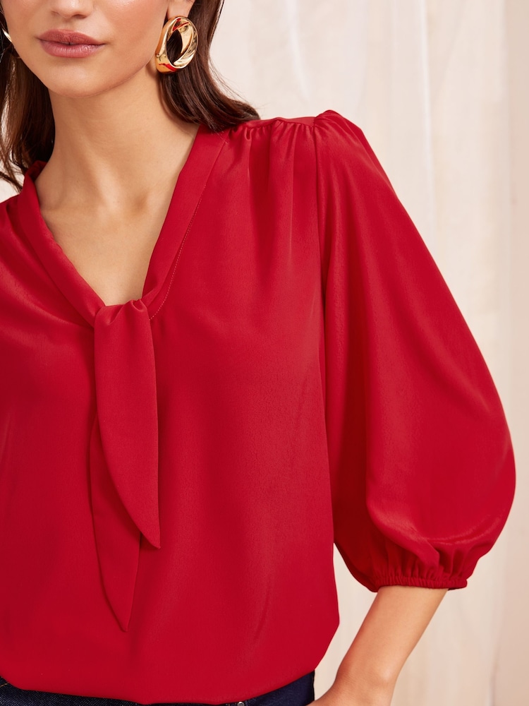 Friends Like These Red V-Neck Bow Front 3/4 Sleeve Blouse - Image 3 of 4